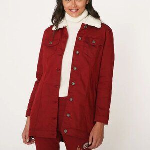 NWT DG2 by Diane Gilman Jacket Stretch Faux Sherpa Elongated Denim Button Down